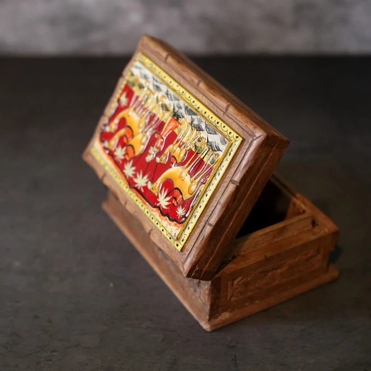 Embossed walnut wood Camel Design Paper Mache <br> box 6x4.5 Inches