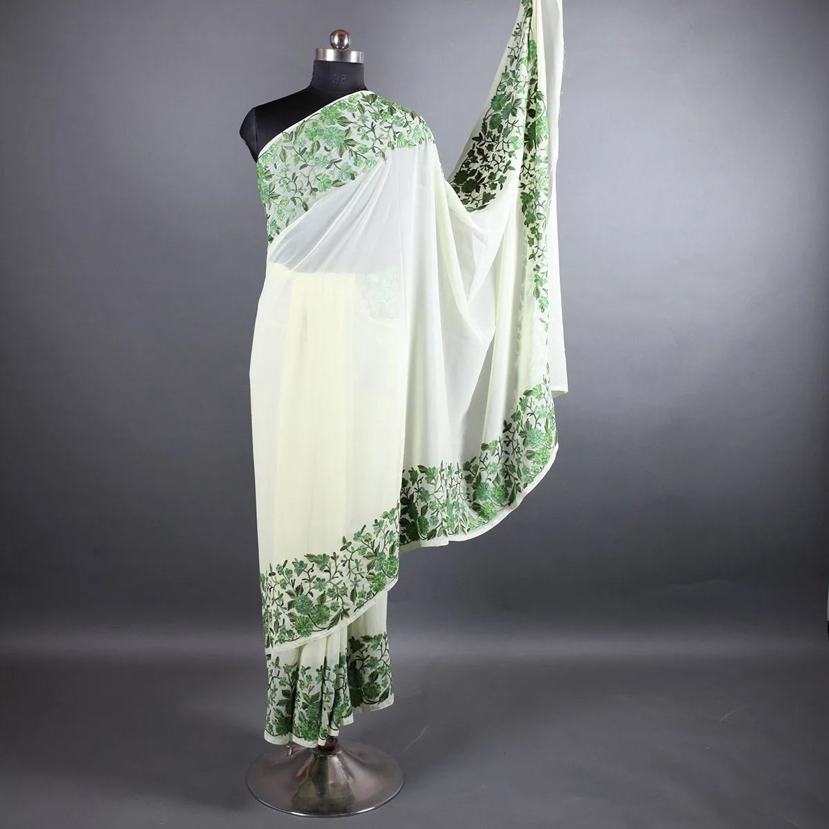 Light Green Base Aari Embroidered Georgette Saree