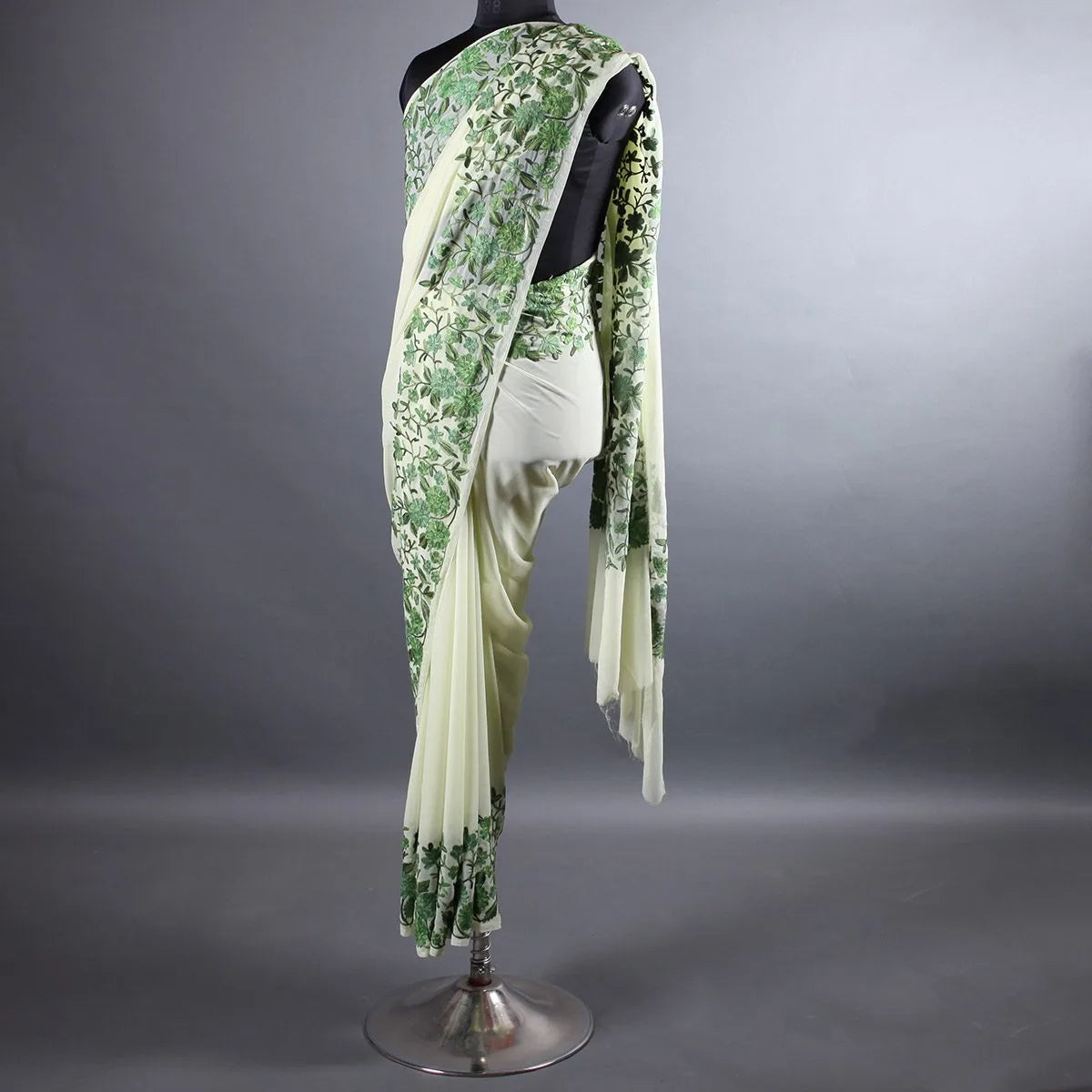 Light Green Base Aari Embroidered Georgette Saree