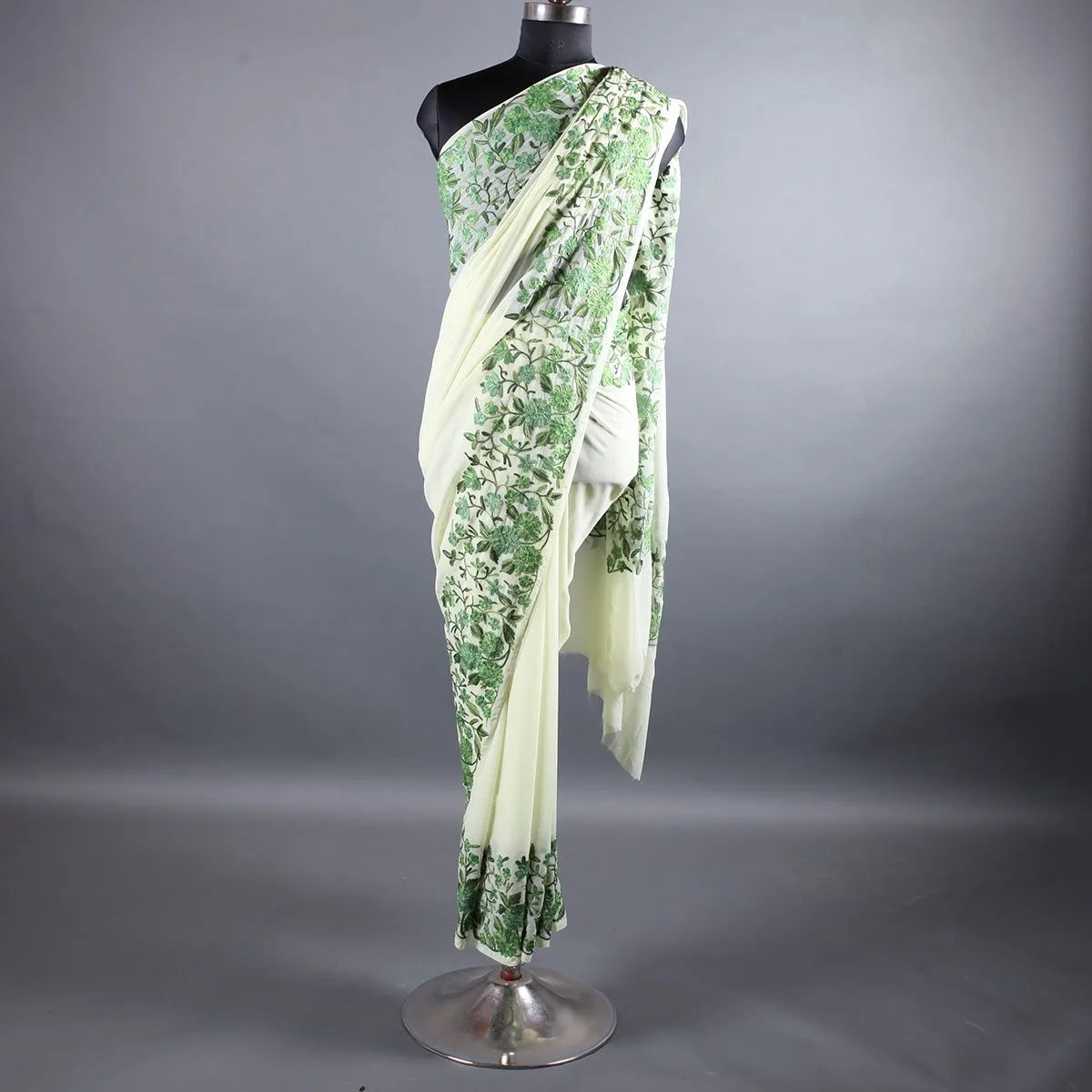 Light Green Base Aari Embroidered Georgette Saree
