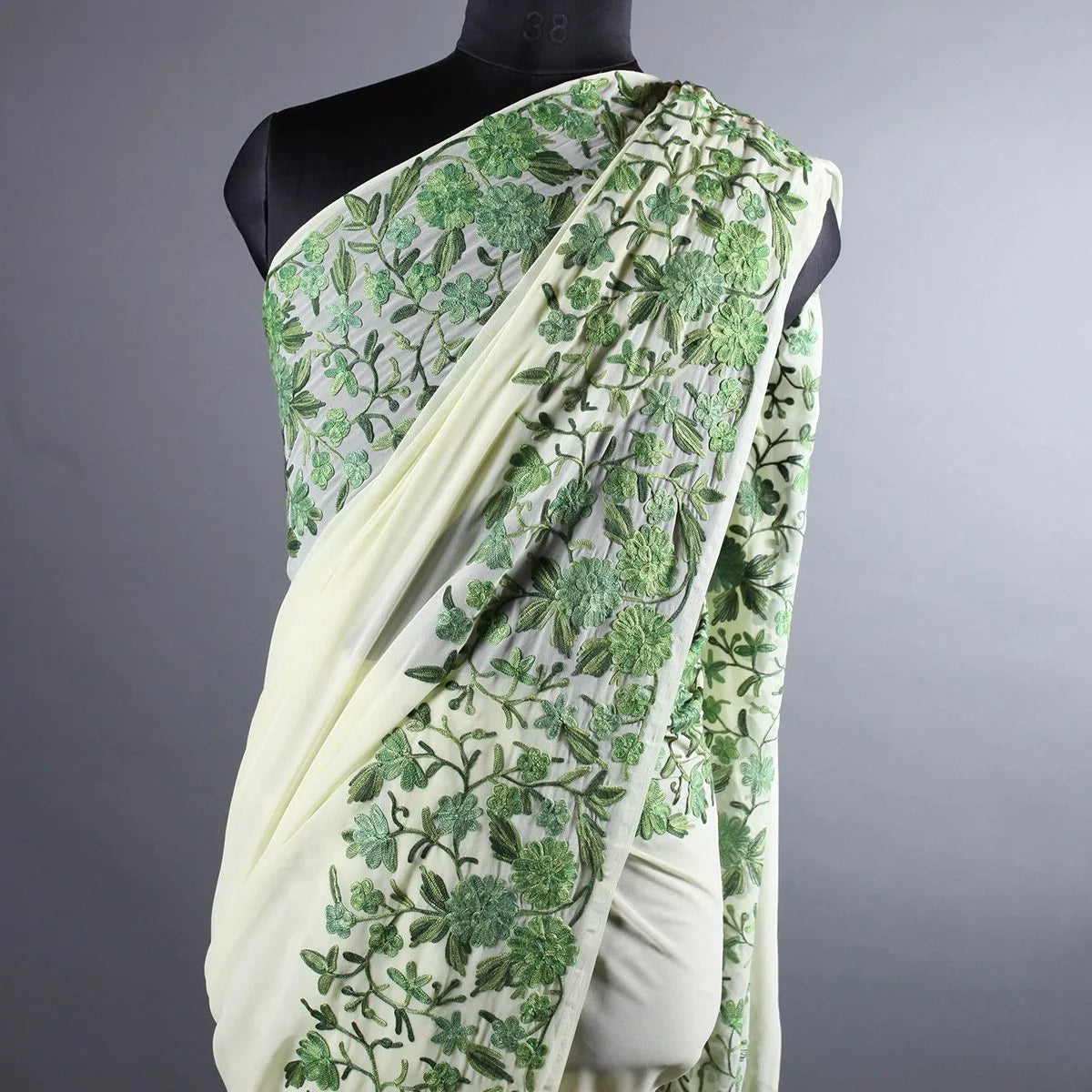 Light Green Base Aari Embroidered Georgette Saree