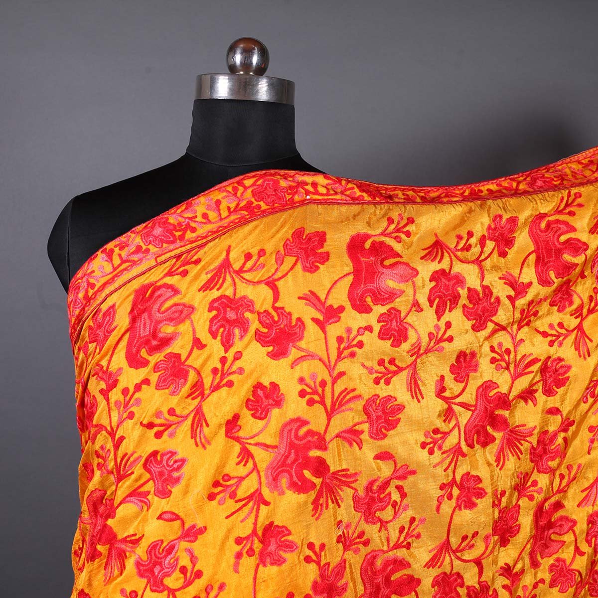 Red Chinar Aari Embroidered Yellow Base Crepe Saree