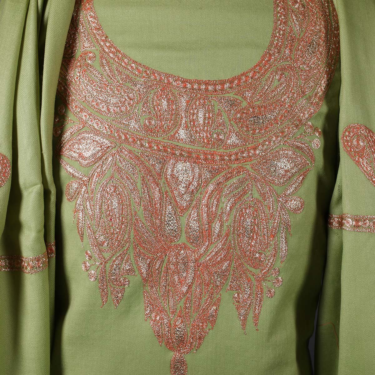 Tilla Embroidered Green Woolen Suit With Stole