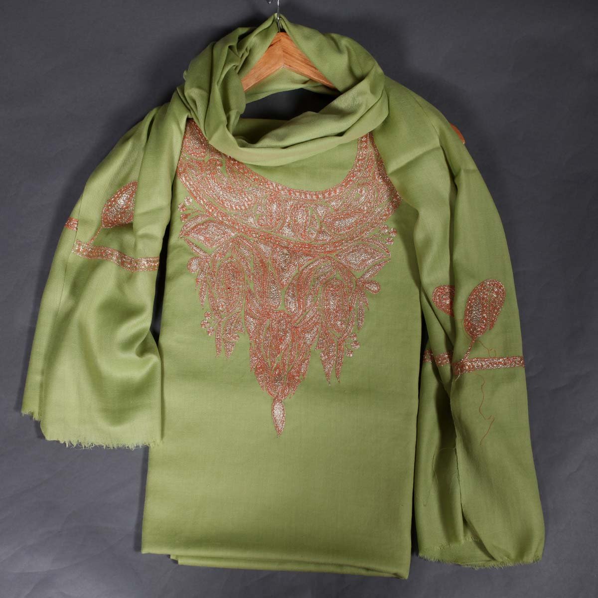 Tilla Embroidered Green Woolen Suit With Stole