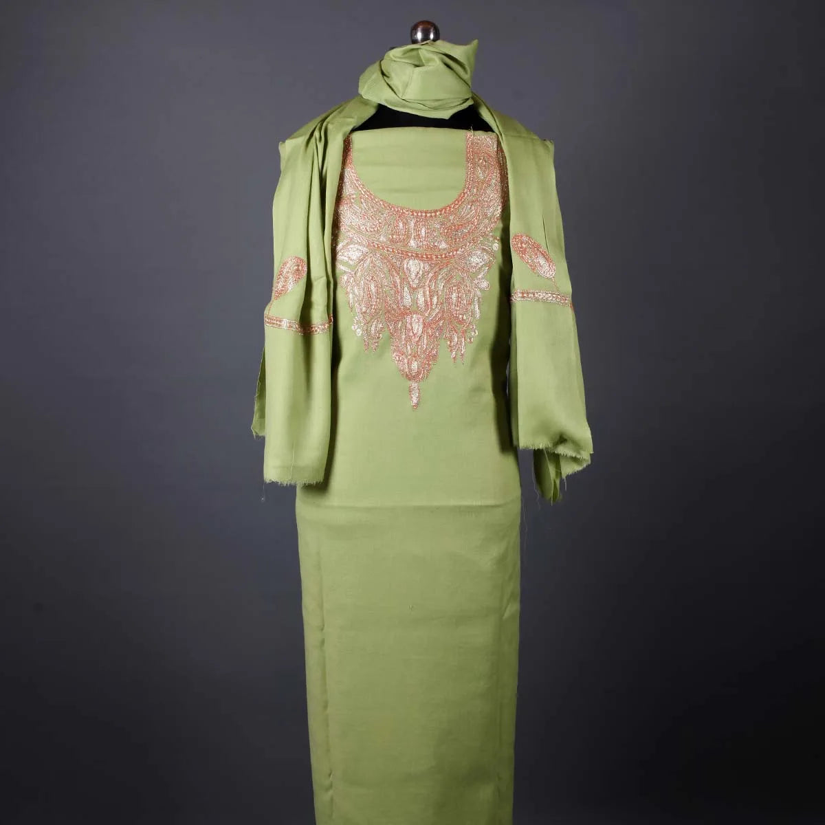 Tilla Embroidered Green Woolen Suit With Stole