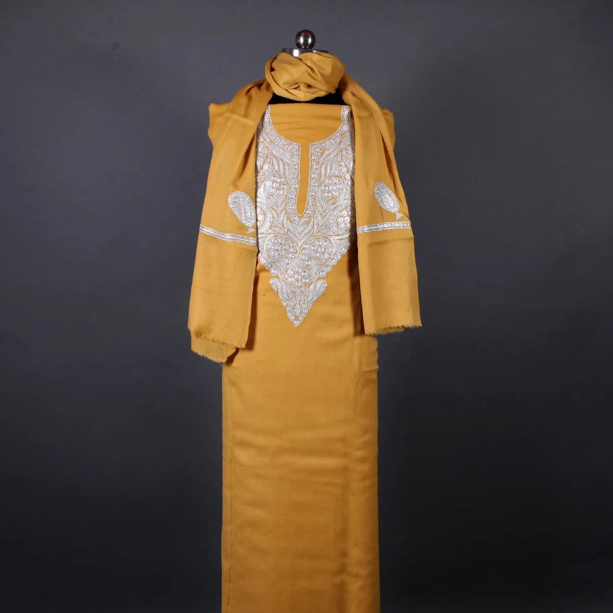 Tilla Embroidered Mustard Woolen Suit With Stole