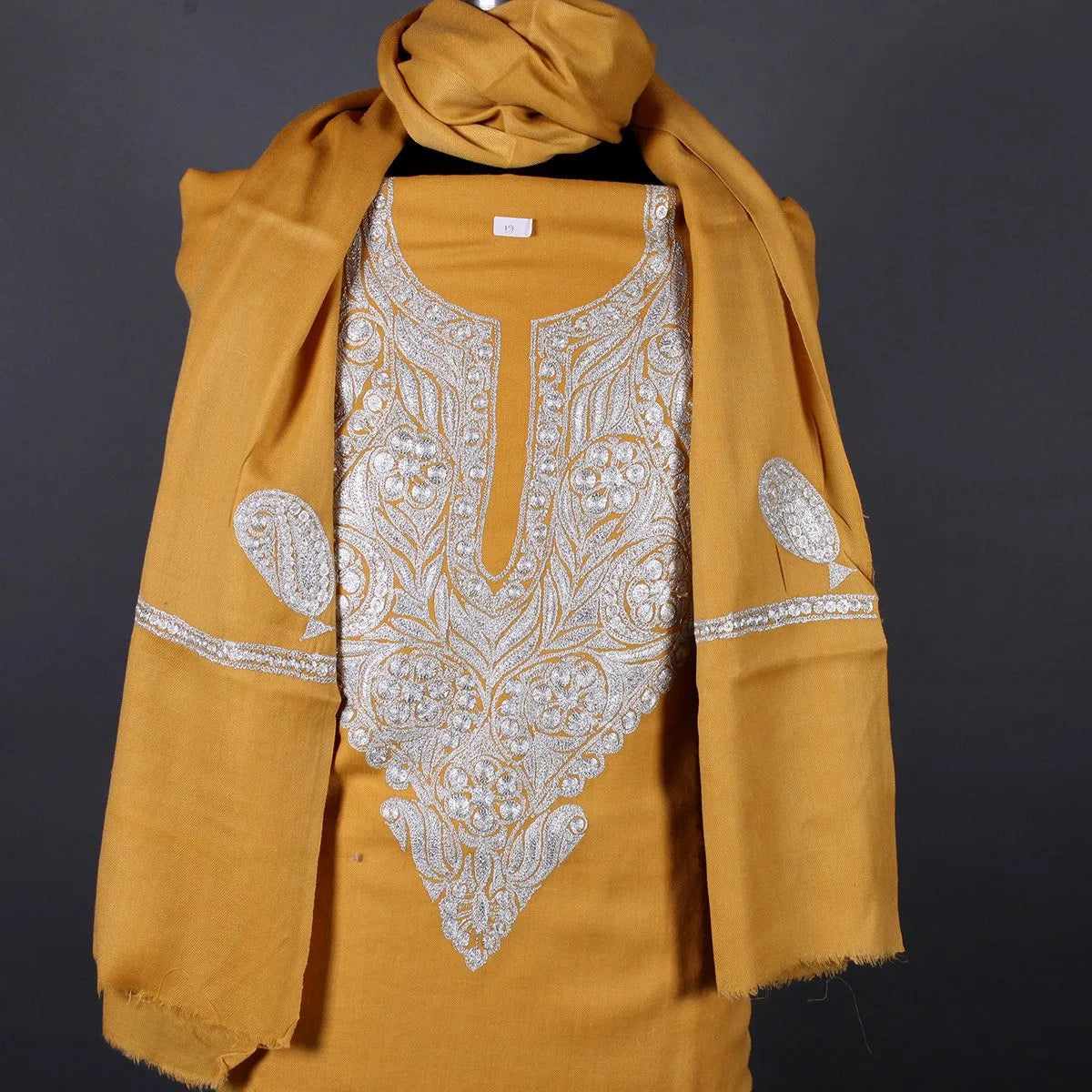 Tilla Embroidered Mustard Woolen Suit With Stole