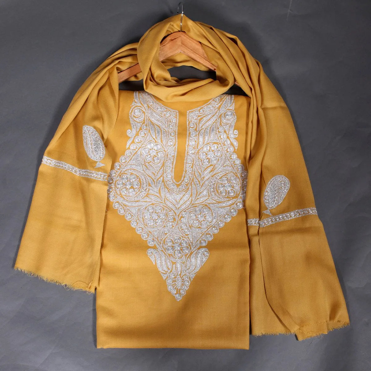 Tilla Embroidered Mustard Woolen Suit With Stole