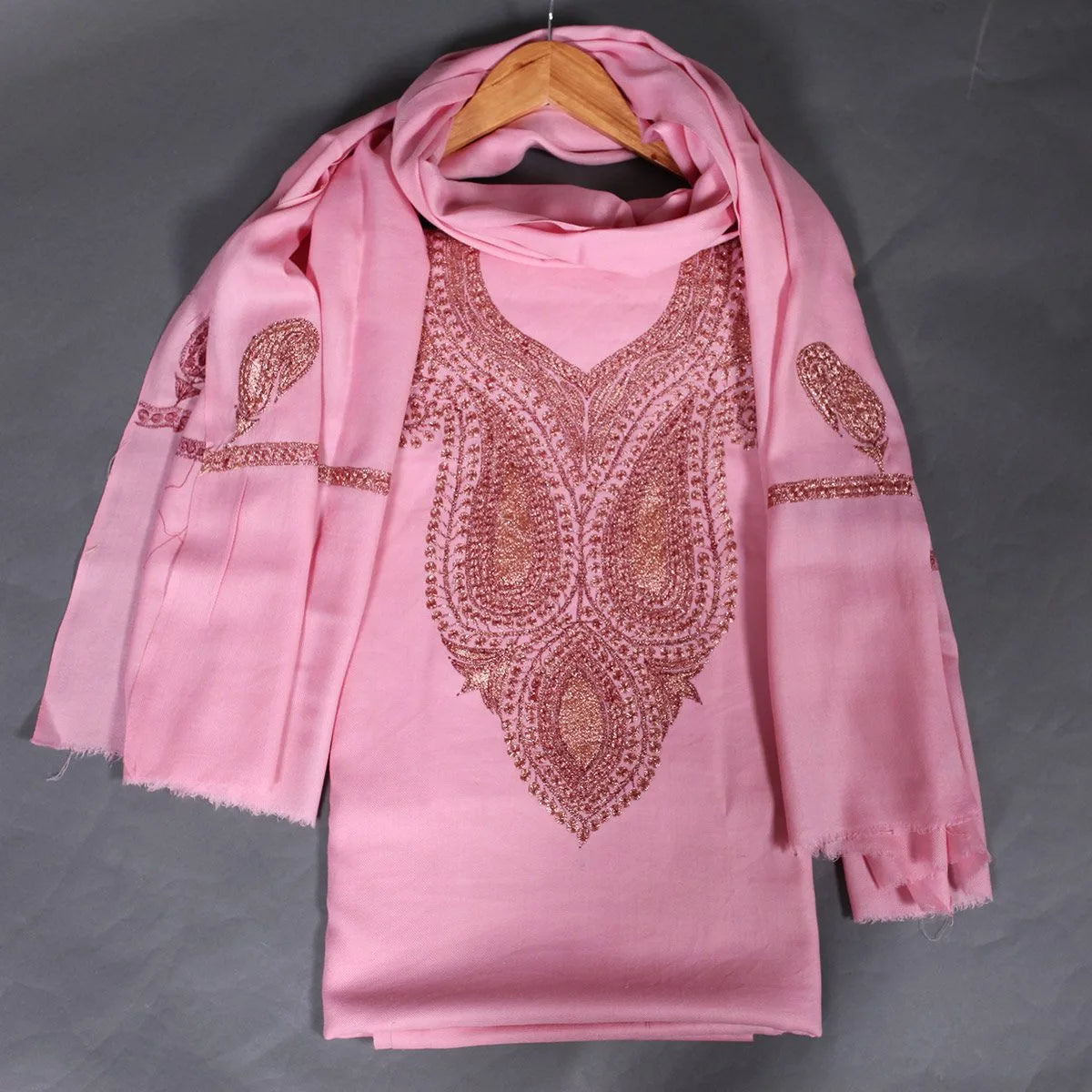 Tilla Embroidered Rose Pink Woolen Suit With Stole