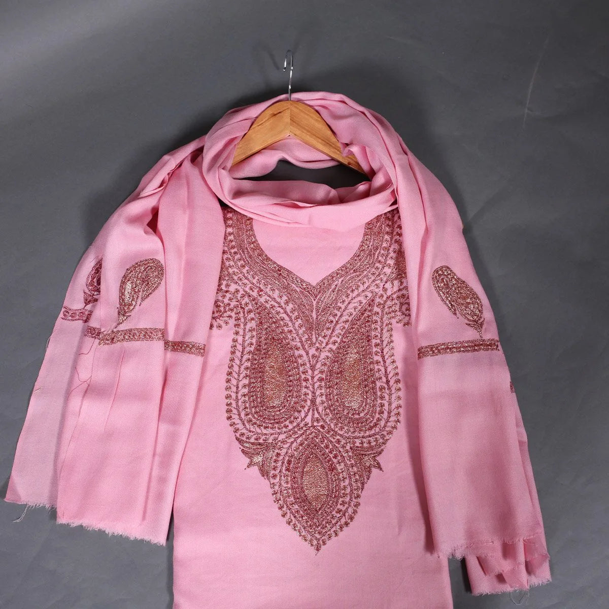 Tilla Embroidered Rose Pink Woolen Suit With Stole