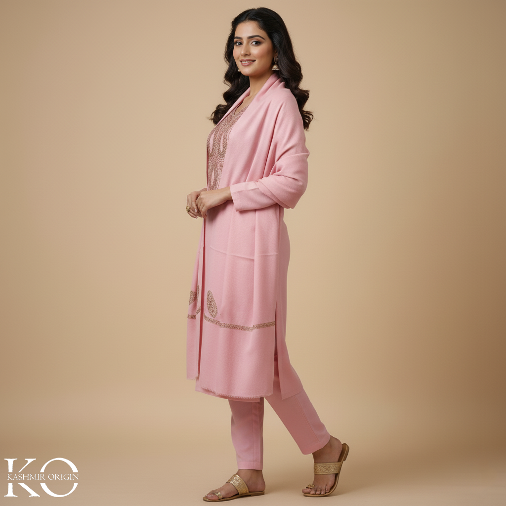 Tilla Embroidered Rose Pink Woolen Suit With Stole