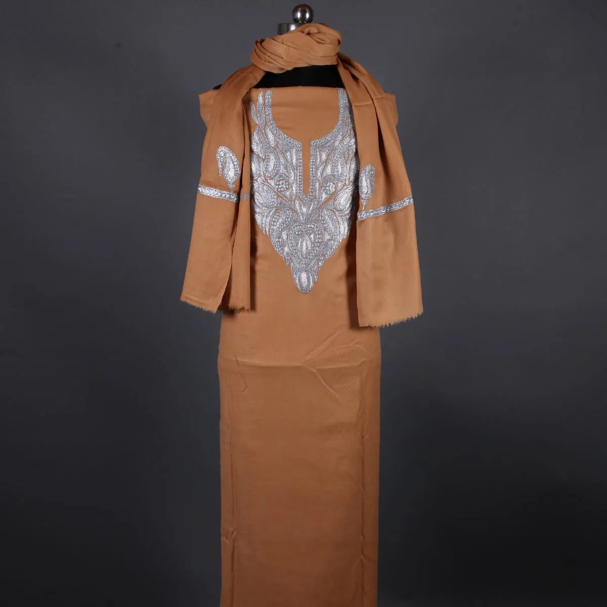 Tilla Embroidered Brown Woolen Suit With Stole