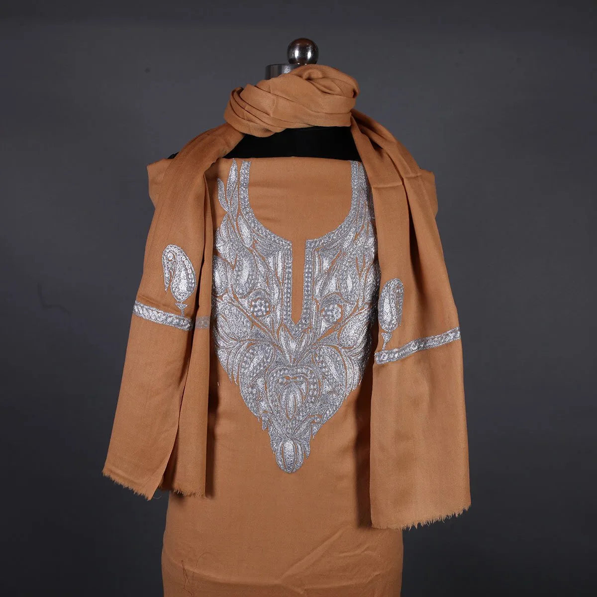 Tilla Embroidered Brown Woolen Suit With Stole