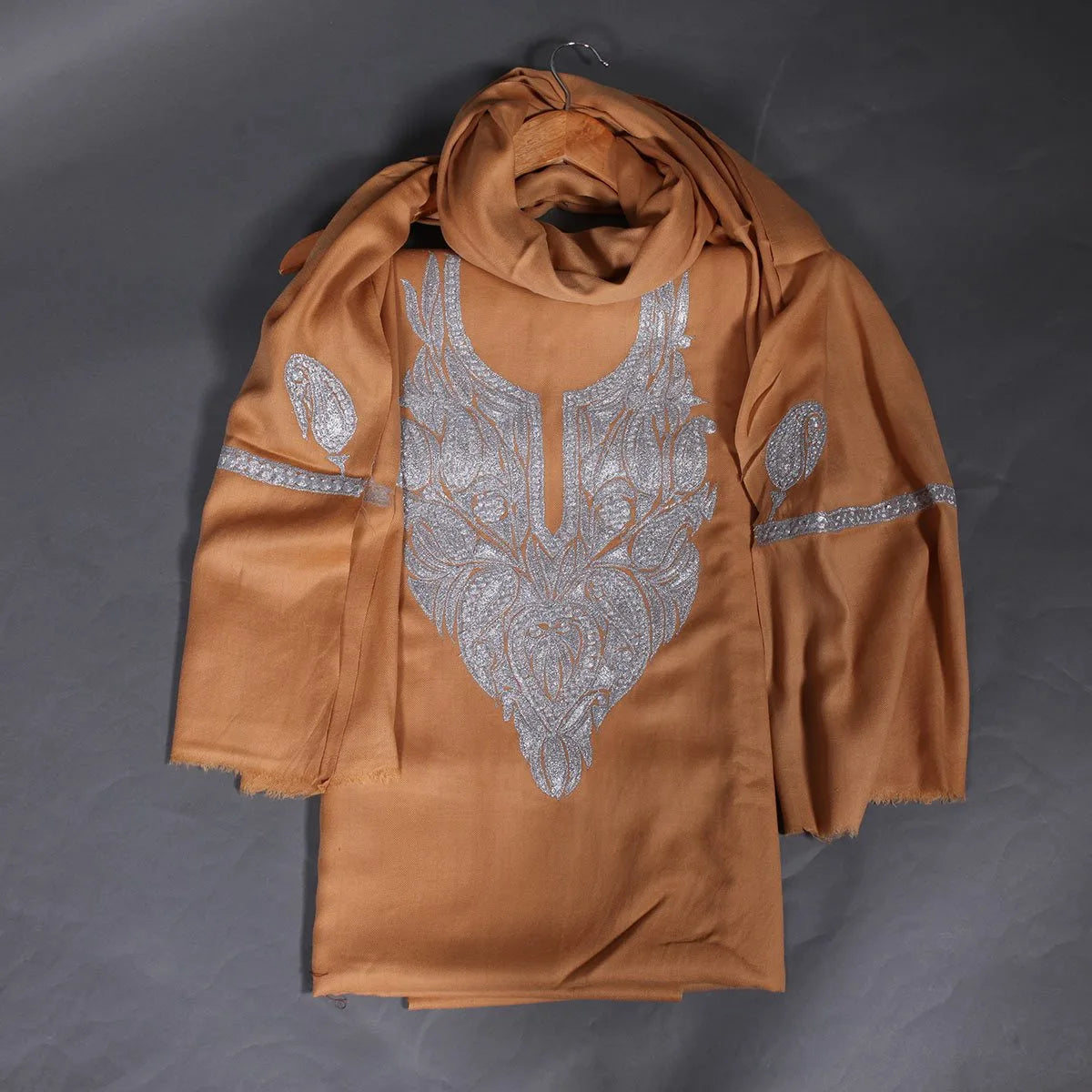 Tilla Embroidered Brown Woolen Suit With Stole