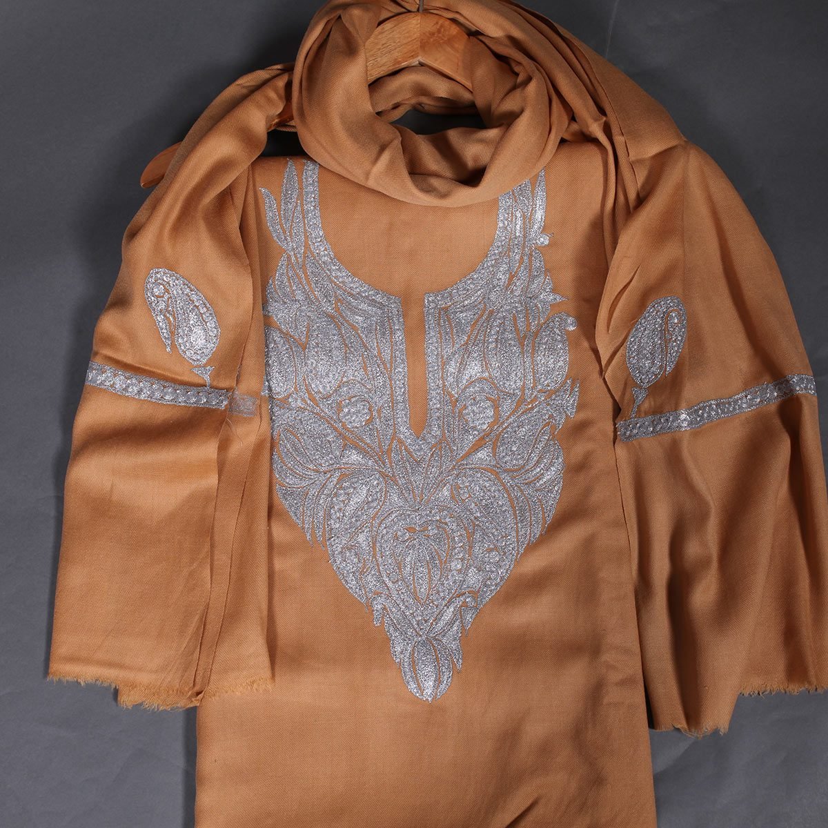 Tilla Embroidered Brown Woolen Suit With Stole