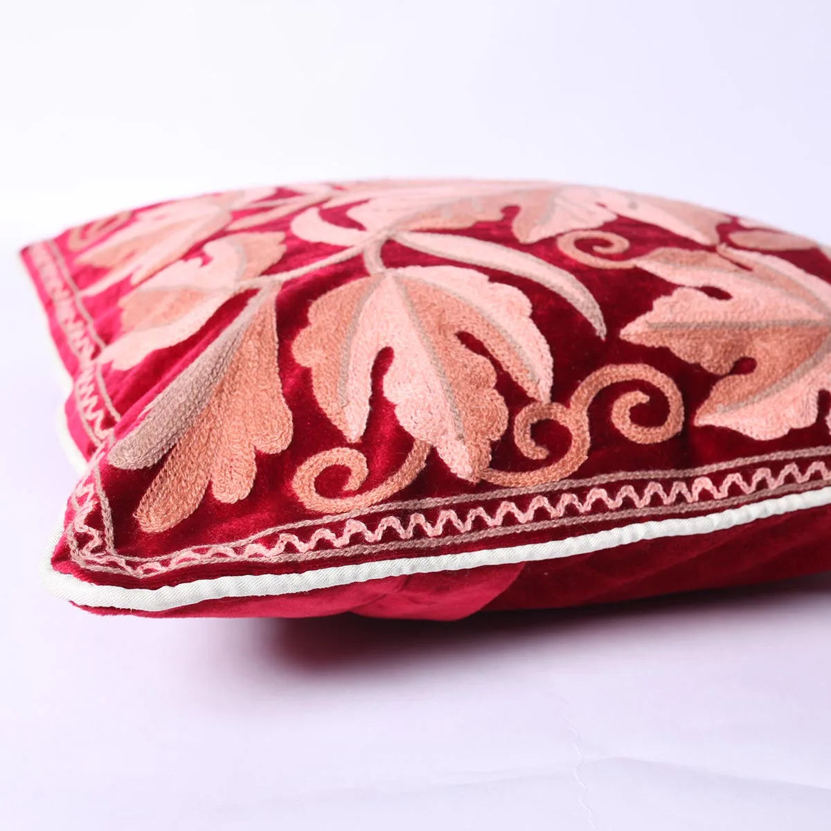 Red Velvet Chinar Design Aari Embroidered Cushion Cover 6pc Set