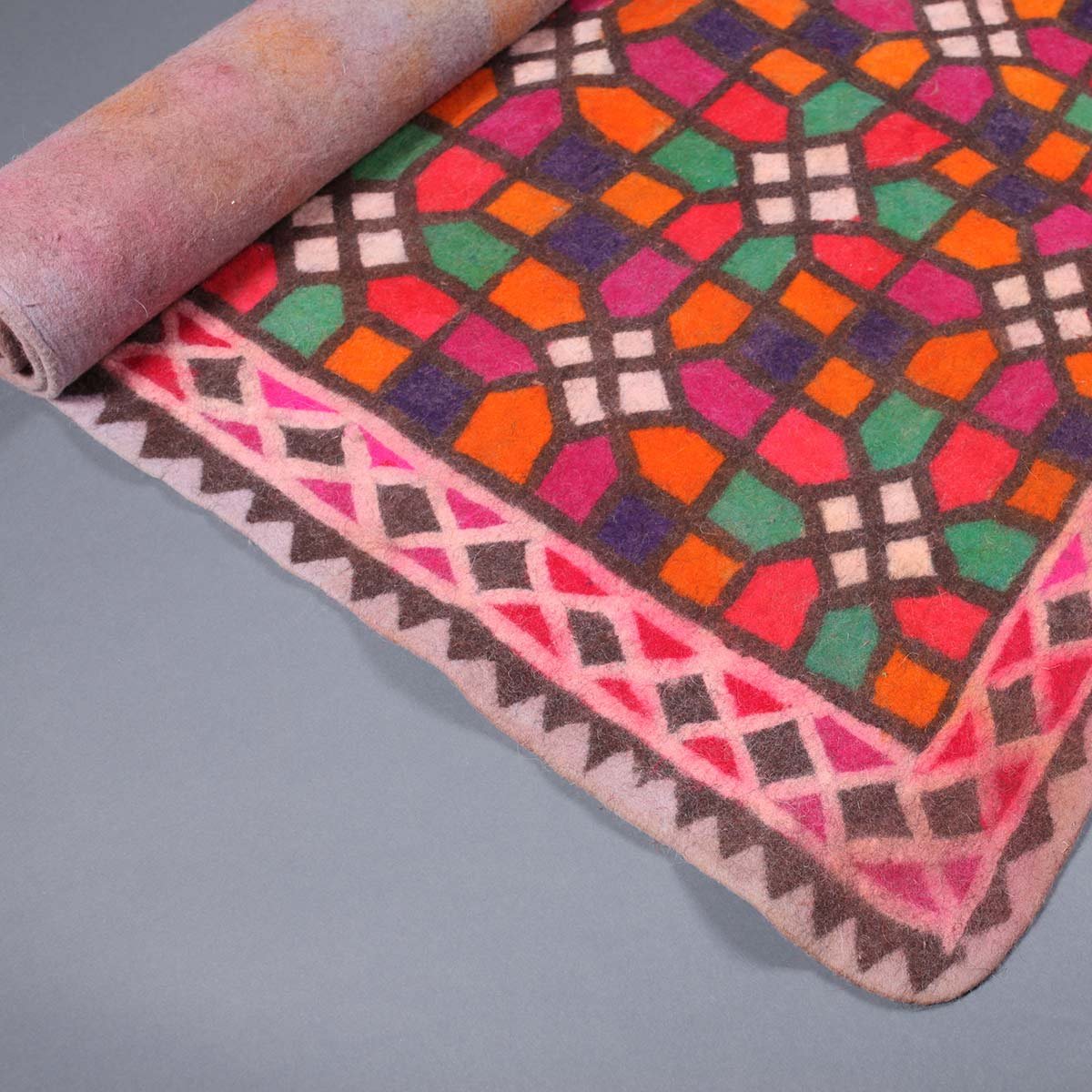 Khatamband Geometric Hand Printed Kashmiri Namda | Felted Wool Rug