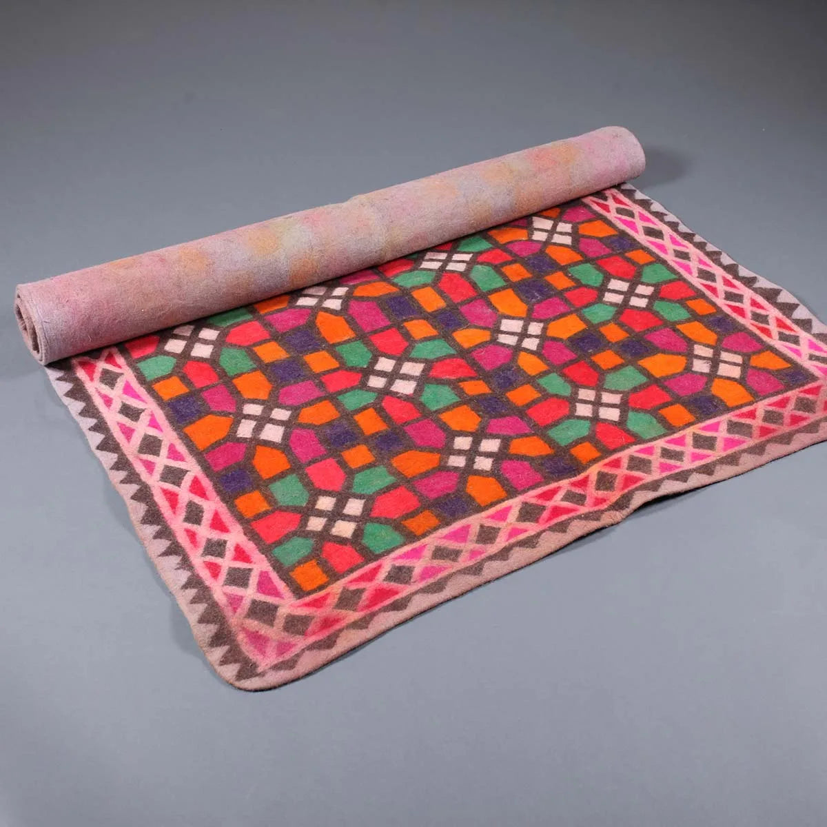 Khatamband Geometric Hand Printed Kashmiri Namda | Felted Wool Rug