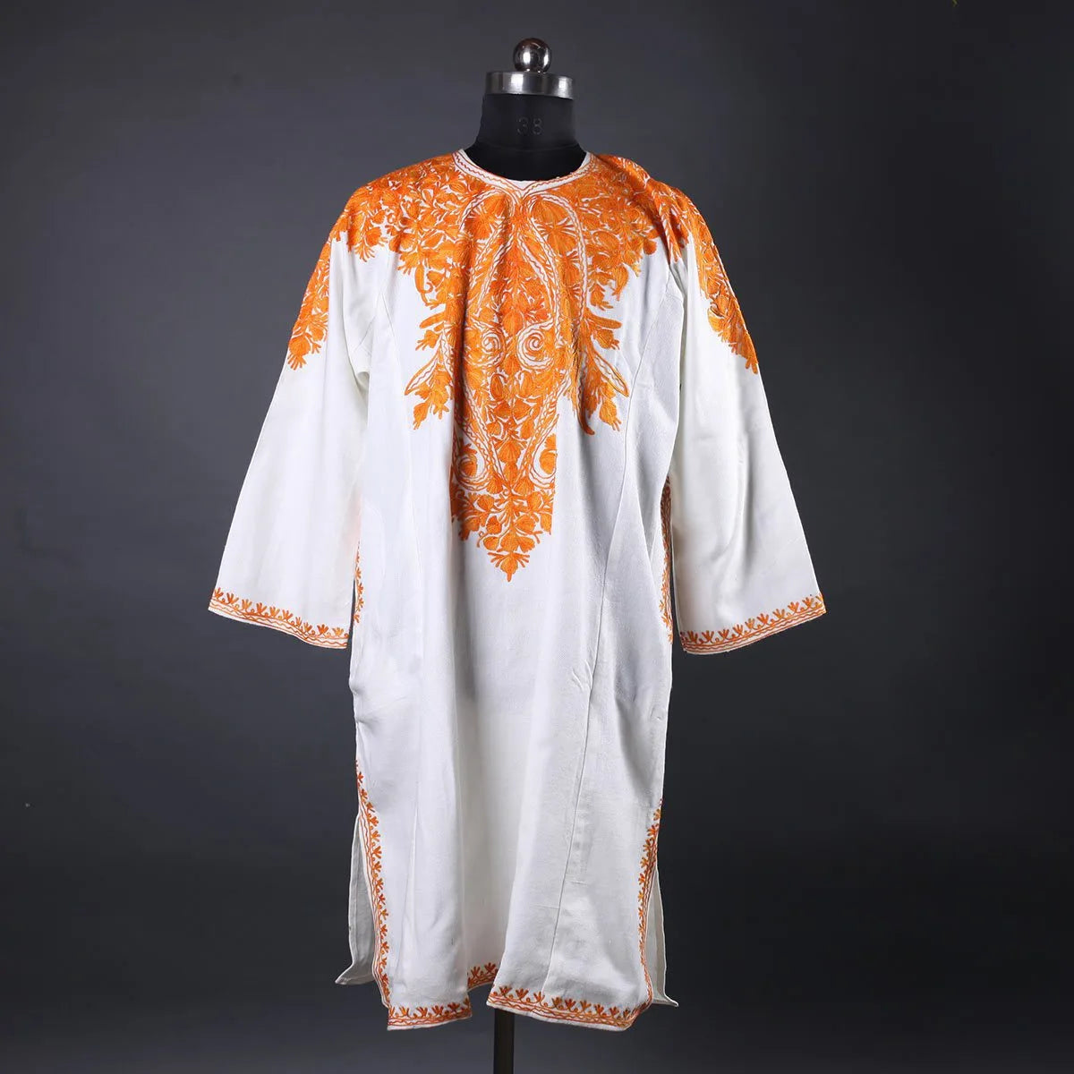 White BaseFloral Deisgn Aari Embroidered Pheran Front Back Work