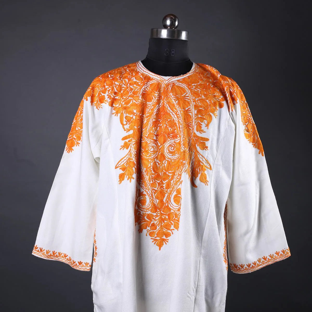 White BaseFloral Deisgn Aari Embroidered Pheran Front Back Work
