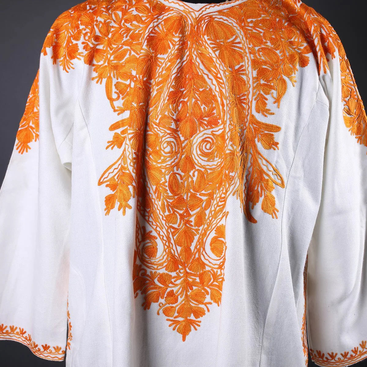 White BaseFloral Deisgn Aari Embroidered Pheran Front Back Work