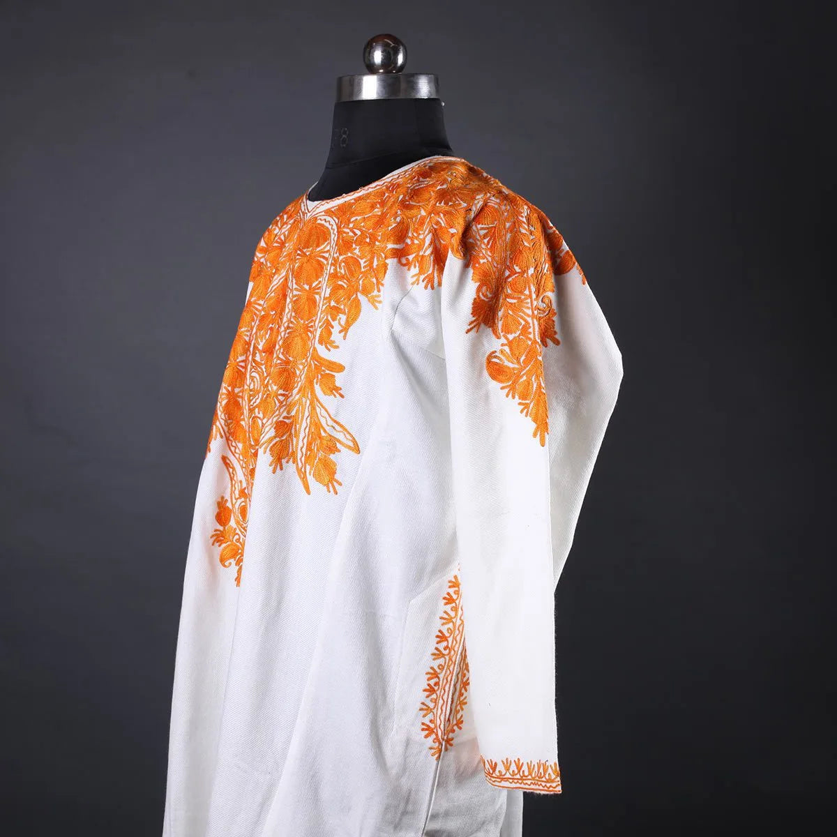 White BaseFloral Deisgn Aari Embroidered Pheran Front Back Work