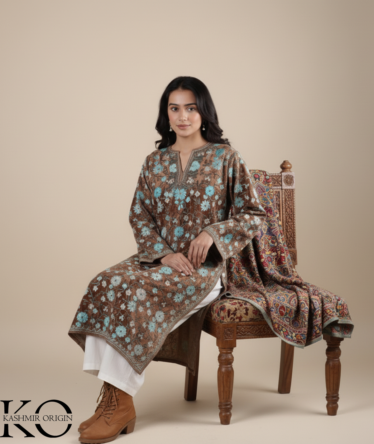 Velvet Jamawar Aari Embroidered Phiran | Full jamaawar Pheran |