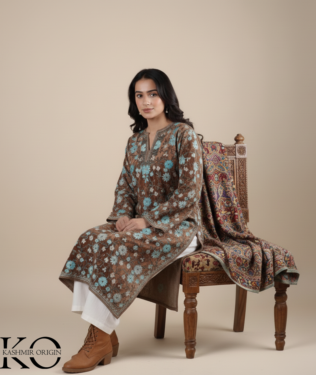 Velvet Jamawar Aari Embroidered Phiran | Full jamaawar Pheran |