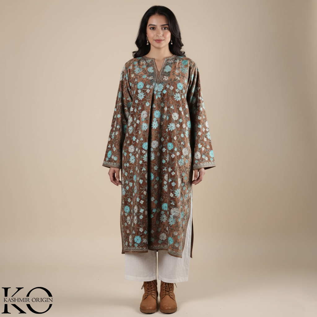 Velvet Jamawar Aari Embroidered Phiran | Full jamaawar Pheran | Brown Velvet