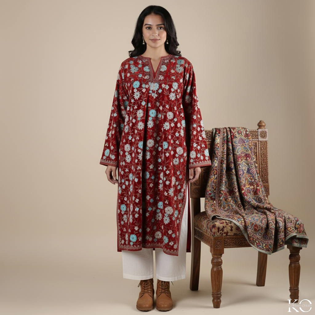 Velvet Jamawar Aari Embroidered Phiran | Full Jamawar Pheran