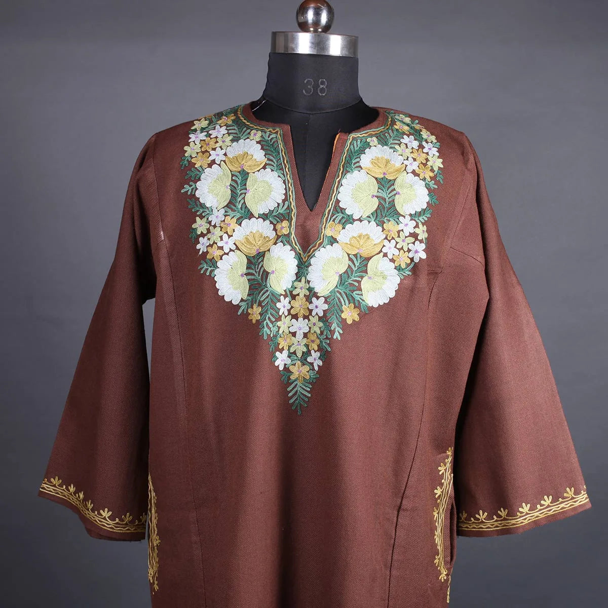 Brown Base Floral Design Kashmiri Aari Embroidered Phiran