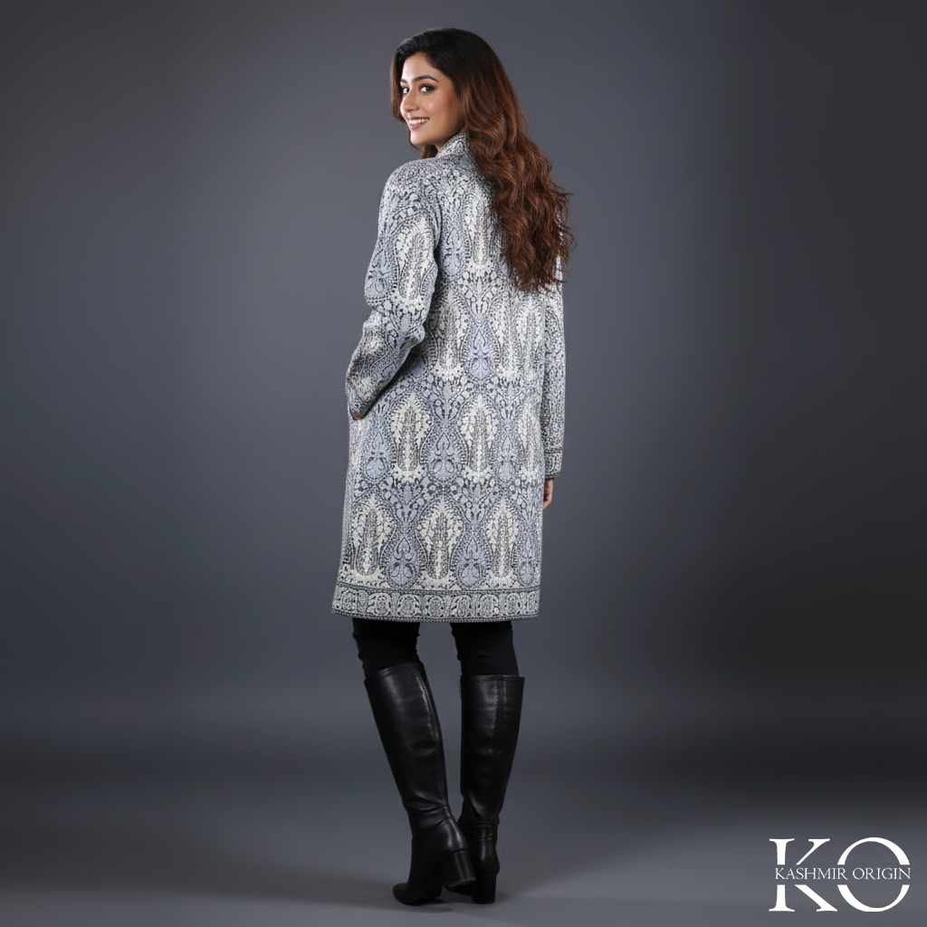 Kashmiri Paisley Pattern Aari Embroidered Woolen Jacket for women | Wool Jamawaar Jackets | Full Embroidery All over | Made in Kashmir