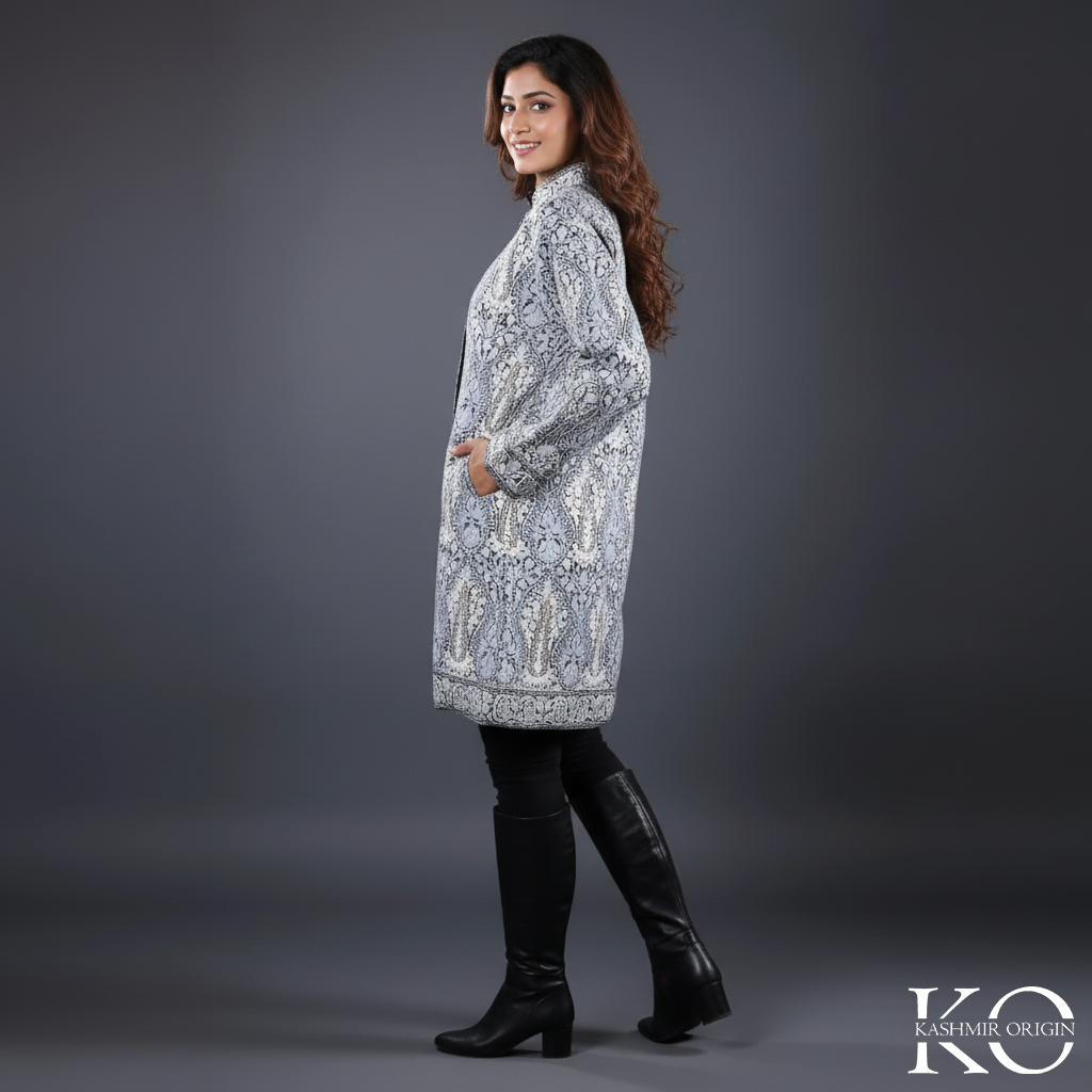 Kashmiri Paisley Pattern Aari Embroidered Woolen Jacket for women | Wool Jamawaar Jackets | Full Embroidery All over | Made in Kashmir