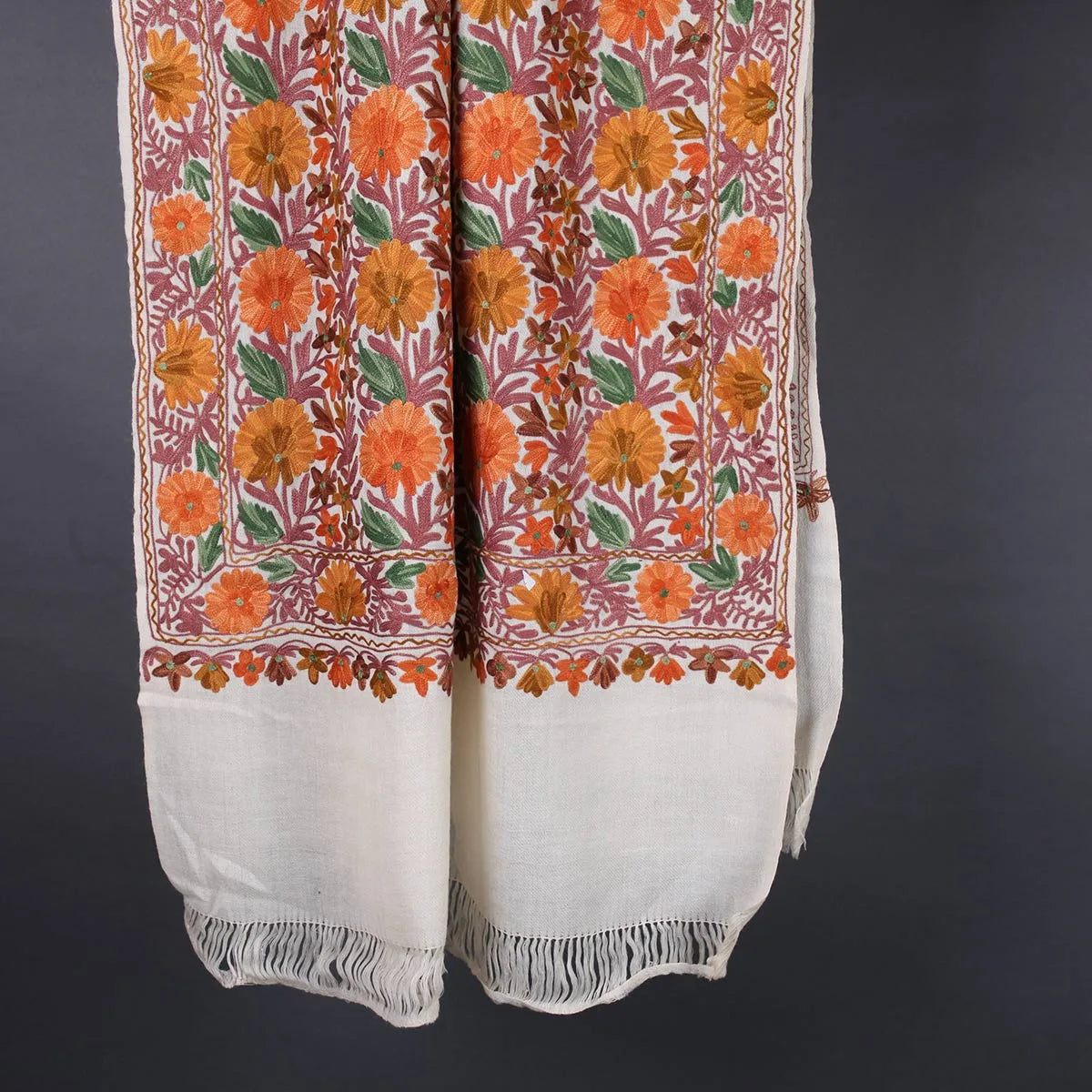 White Base Floral Design Embroidered Pure Kashmir Woolen Stole | Jamawar Stole