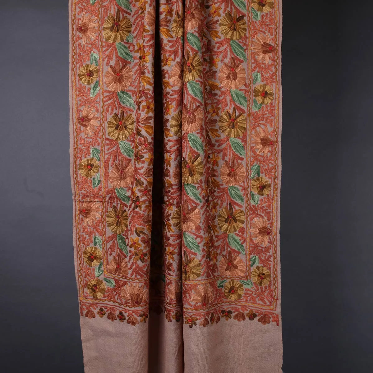 Natural Base Floral Design Aari Embroidered Pure Kashmiri Woolen Stole | Jamawar Stole