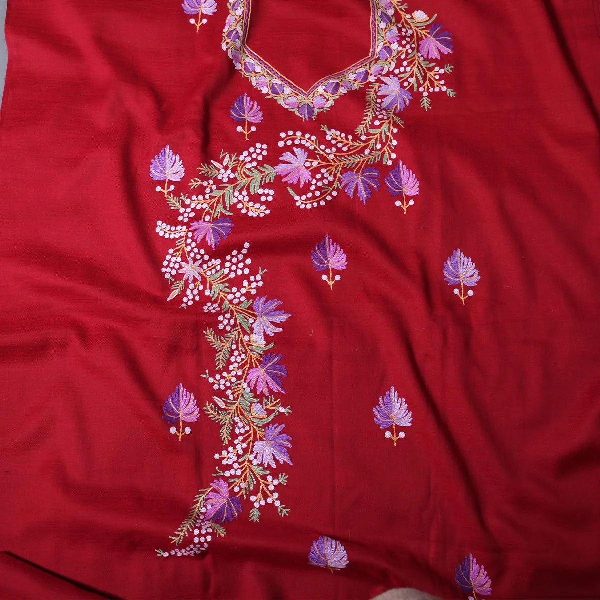 Maroon Base Chinar Design Aari Embroidered Woolen Suit with Stole