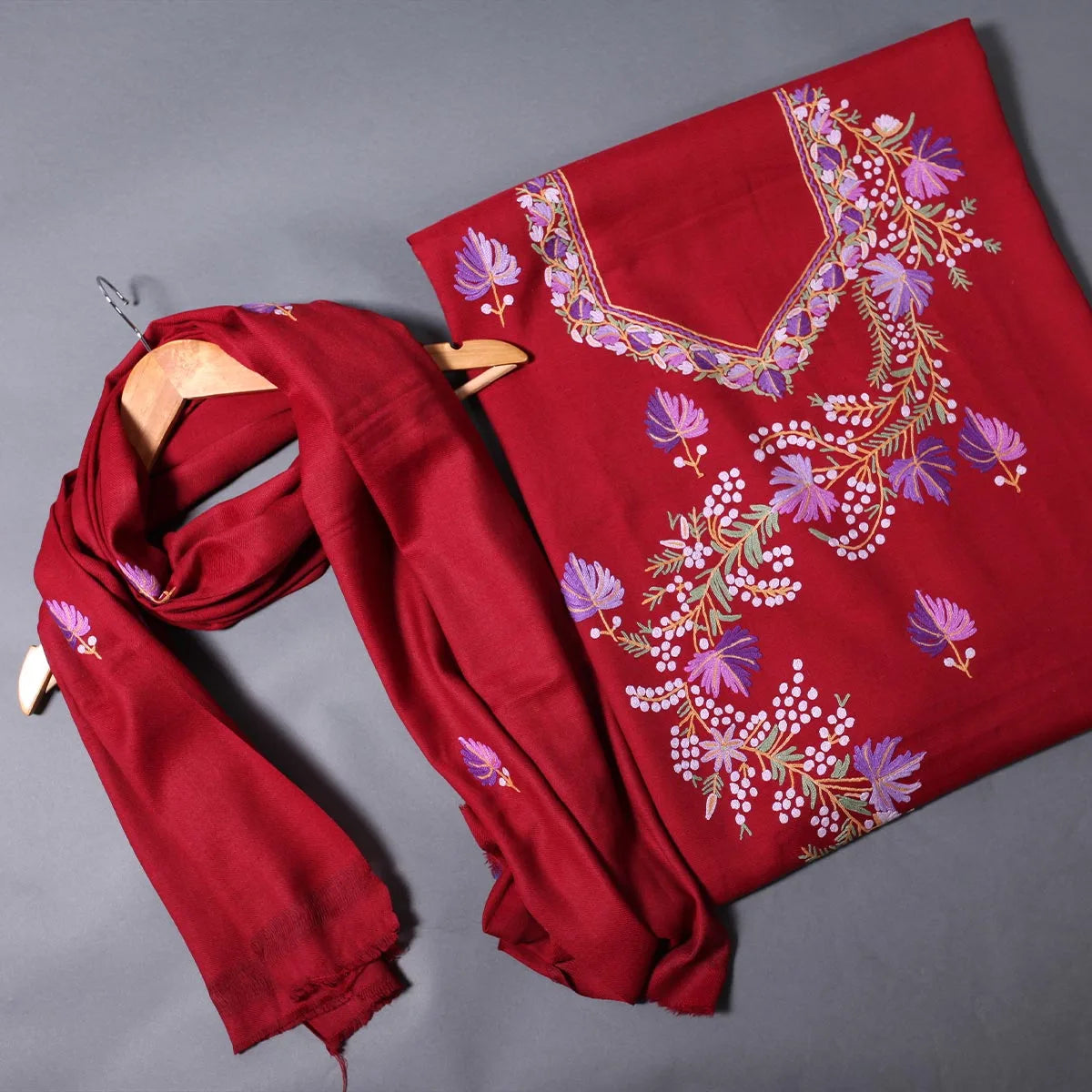 Maroon Base Chinar Design Aari Embroidered Woolen Suit with Stole