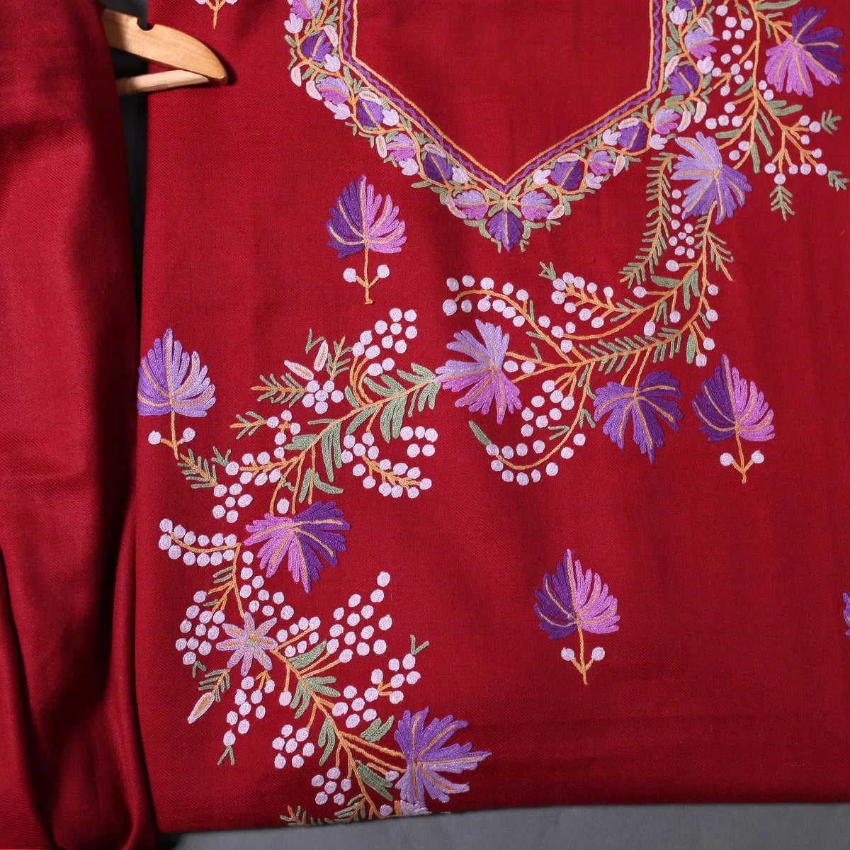 Maroon Base Chinar Design Aari Embroidered Woolen Suit with Stole