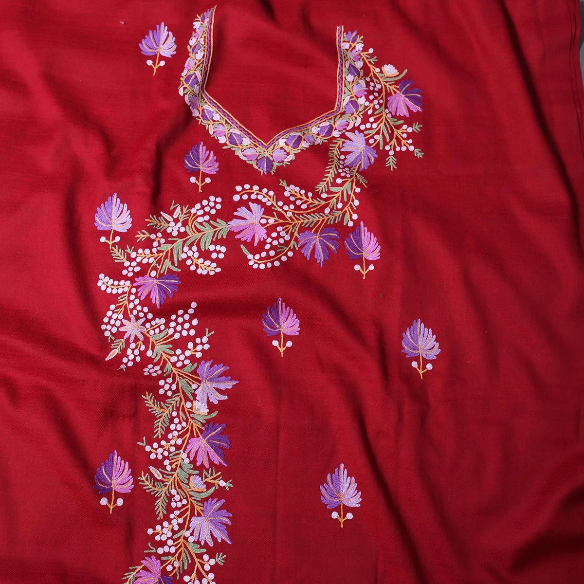 Maroon Base Chinar Design Aari Embroidered Woolen Suit with Stole