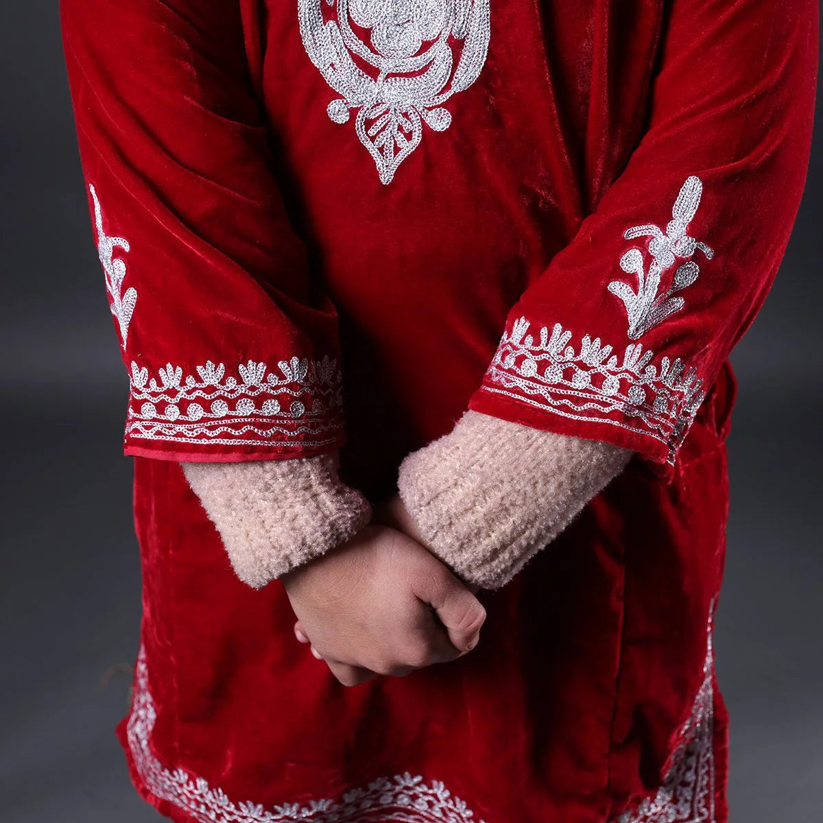 Red Base Tilla Embroidery Velvet Phiran For Kids