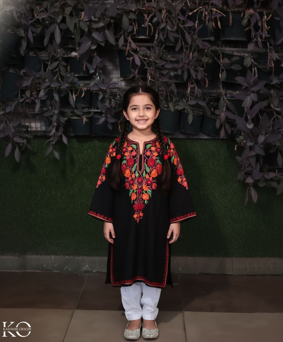 Black Multifloral Aari Embroidered Woolen Kids Pheran | Girls Pheran | Kids Wear