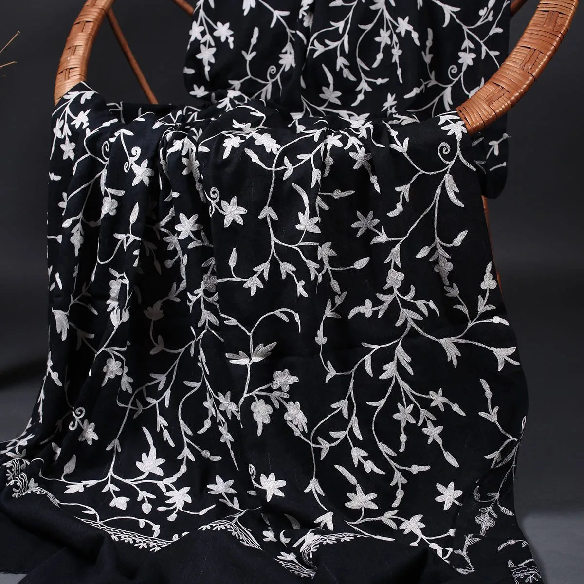 Black Base Folral Design Aari Embroidery Woolen Shawl | Stole