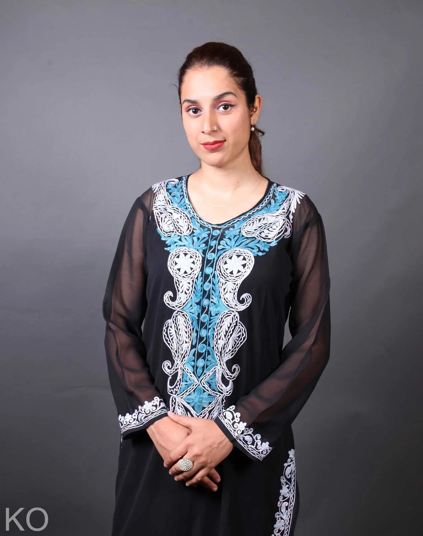 Black Pasley Design Aari Embroidery Georgette Kurti