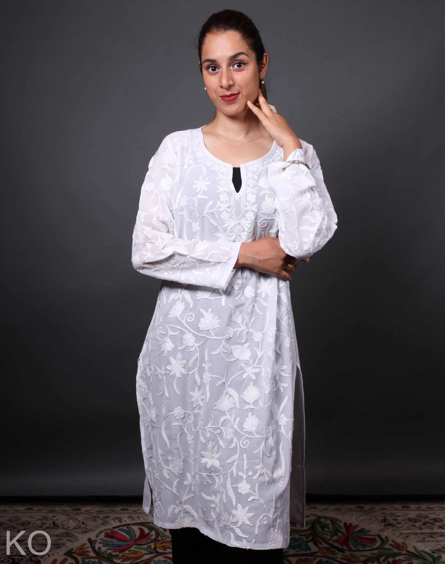 Self Embroidered Pearl Aari Embroidered Georgette Kurti