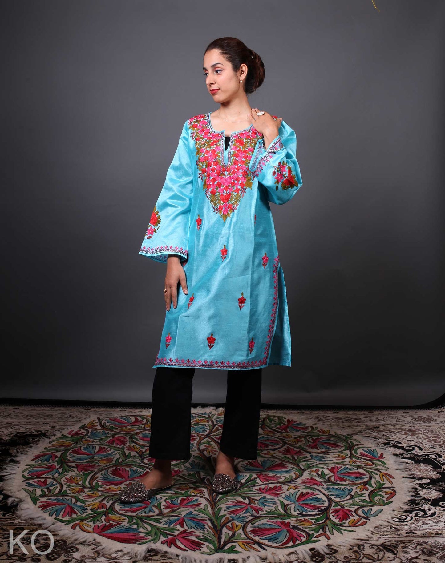 Turquoise Silk Kurti with Bootidaar Kashmiri Aari Embroidery | Festive & Casual Wear | Kashmir Origin