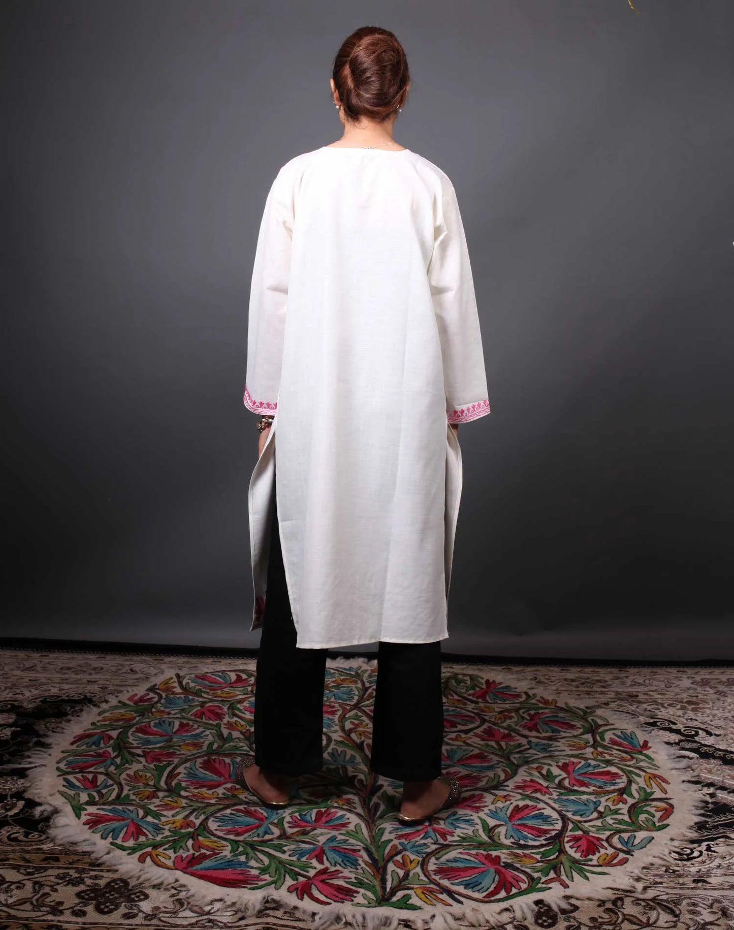 Pink Bottom Design Aari Embroidered White Cotton Kurti