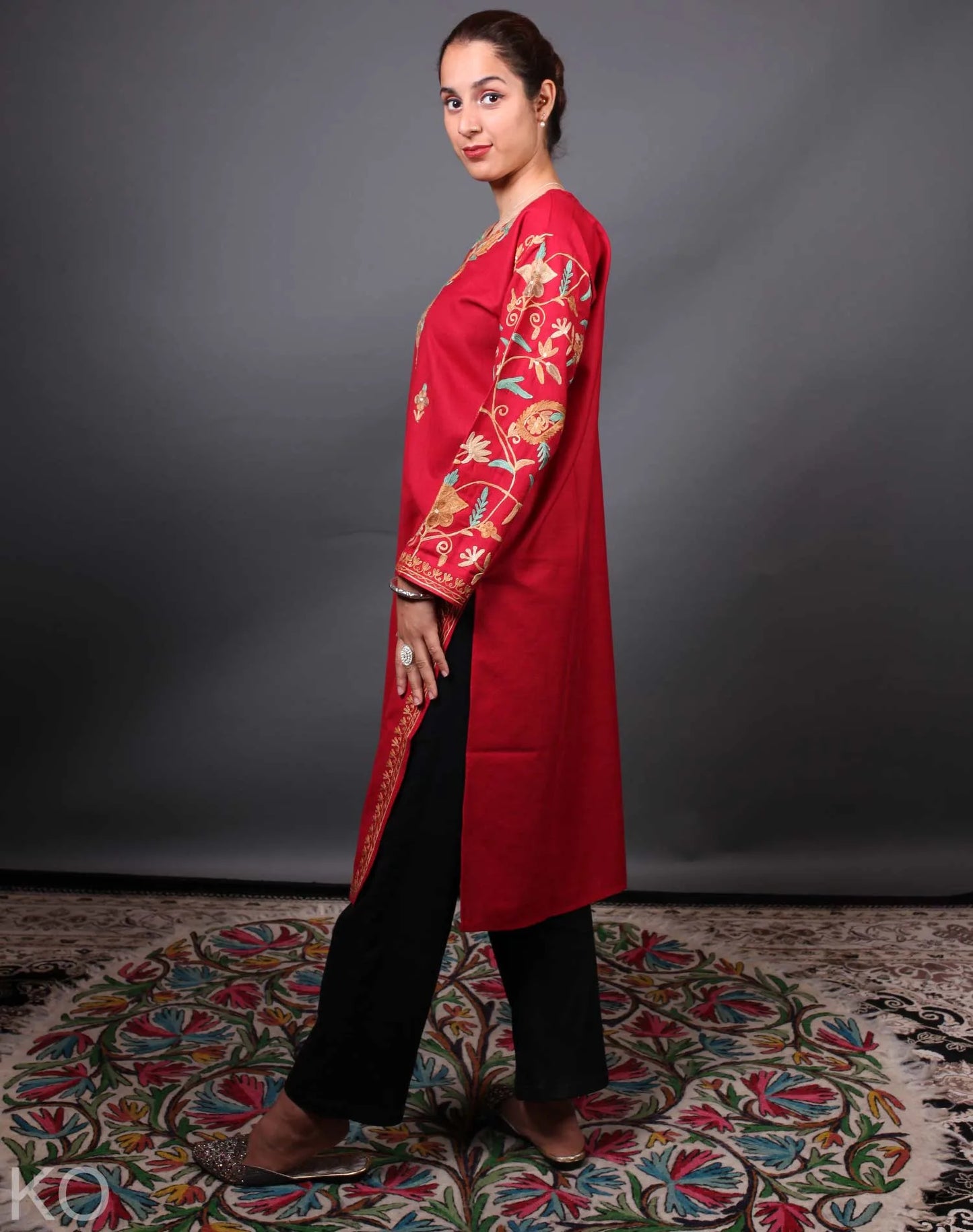 Red Pasley Neck Arm Design Aari Embroidered Cotton Kurti