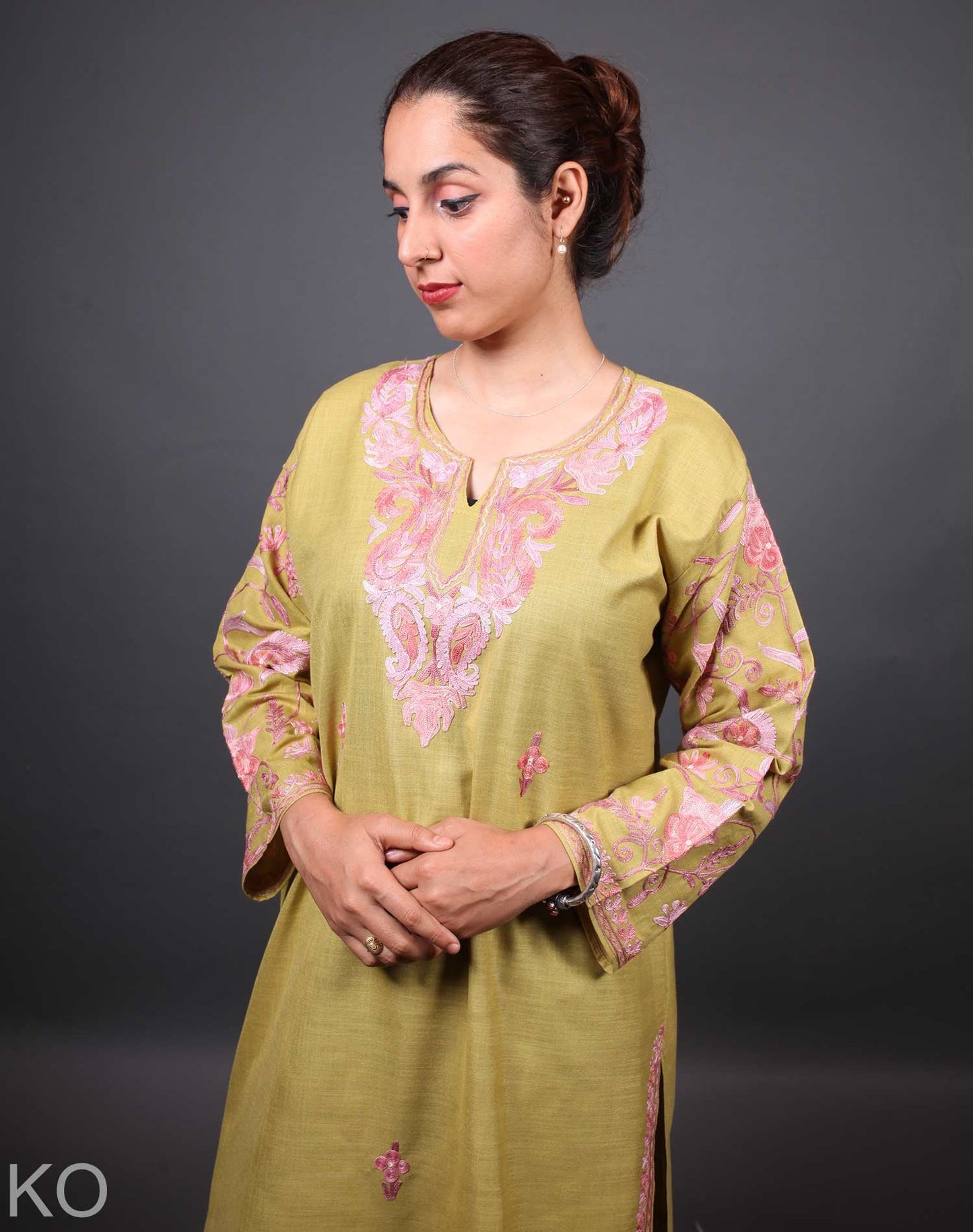 Olive Green Arm Design Aari Embroidered Cotton Kurti