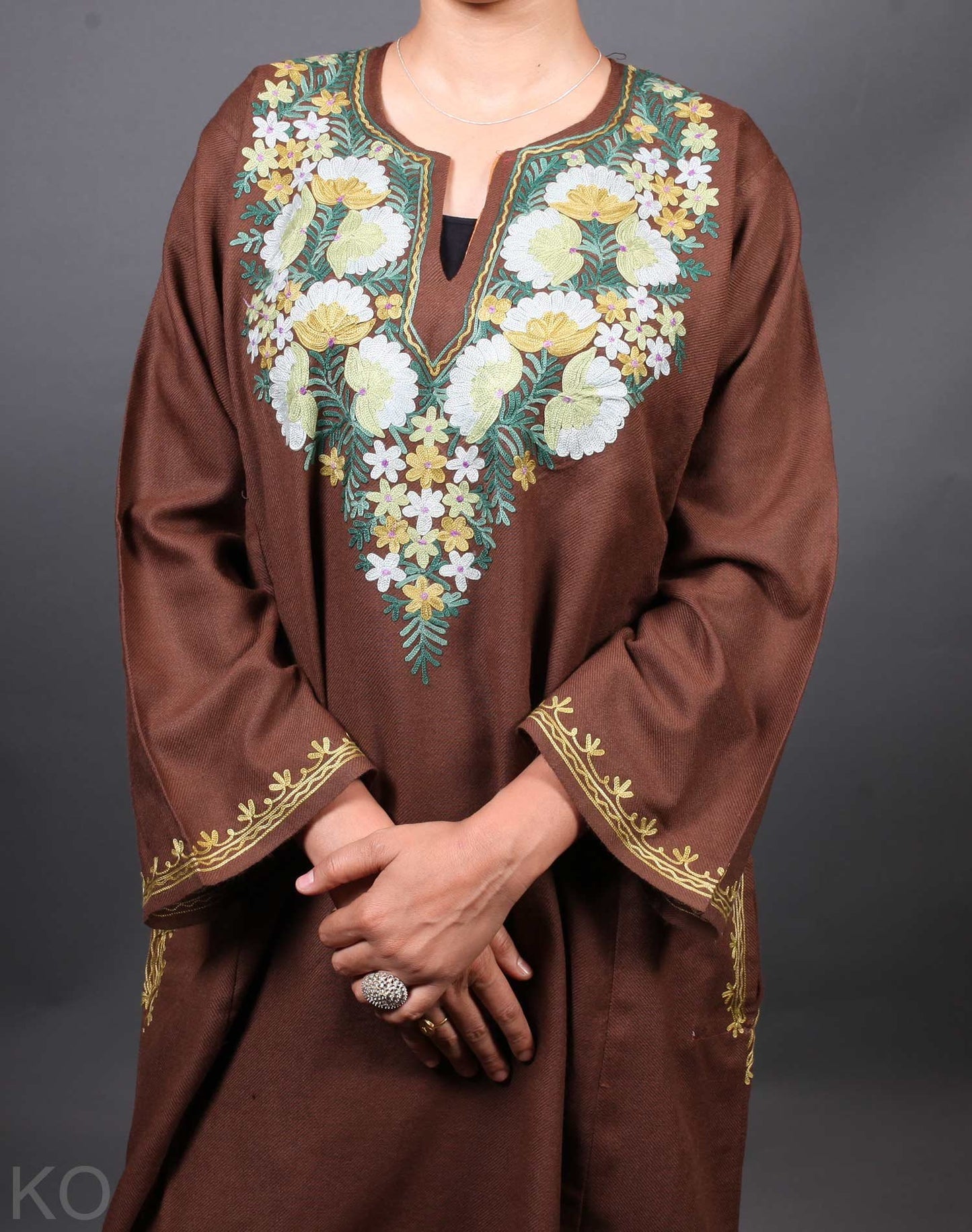 Brown Base Floral Design Kashmiri Aari Embroidered Phiran
