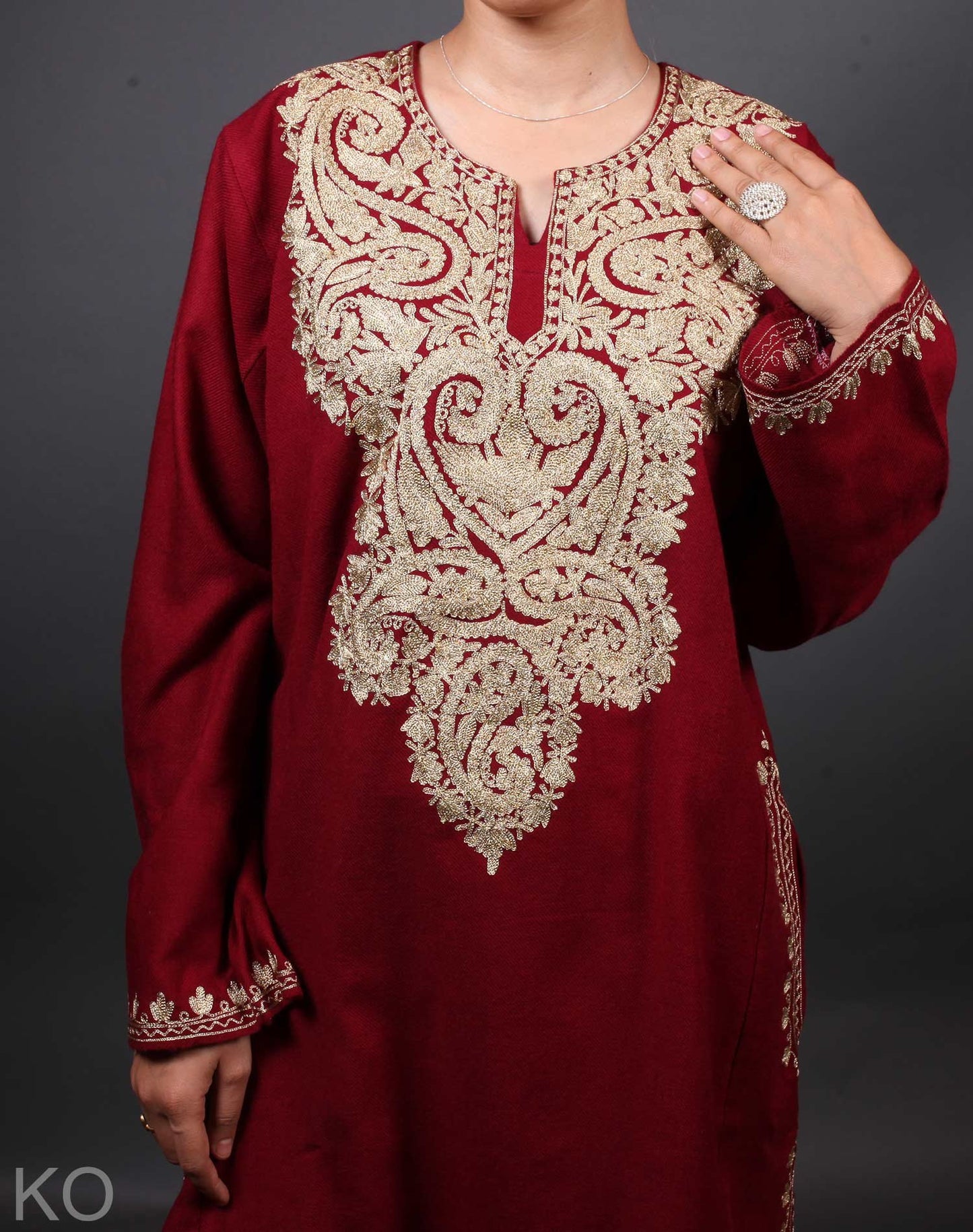 Maroon Base Zari Embroidered Kashmiri Pheran
